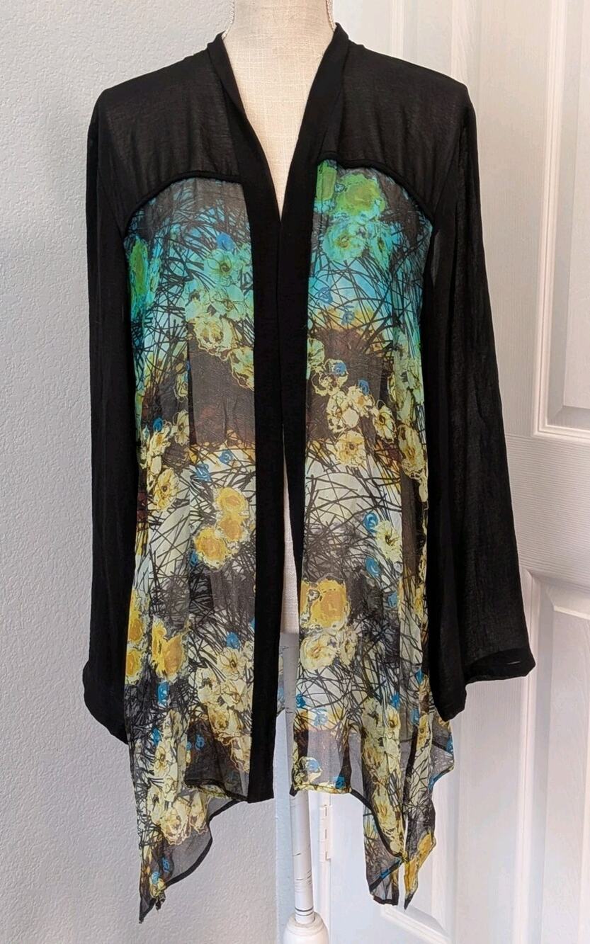 Citron Santa Monica Kimono Womens XL Silk Blend Open Front Sheer Floral Design